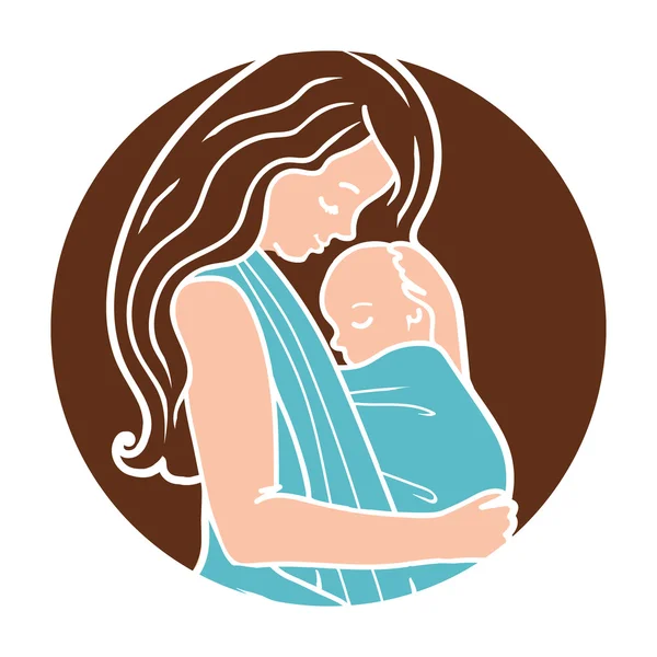 Vector Babywearing runda logotypen med mamma kramas Baby i en sele. Enkla lineart stil. — Stock vektor