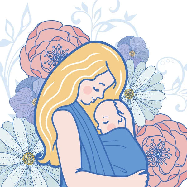 Illustrazione del bambino vettoriale con la madre che abbraccia il bambino in una fionda. Fiori dettagliati su sfondo . — Vettoriale Stock