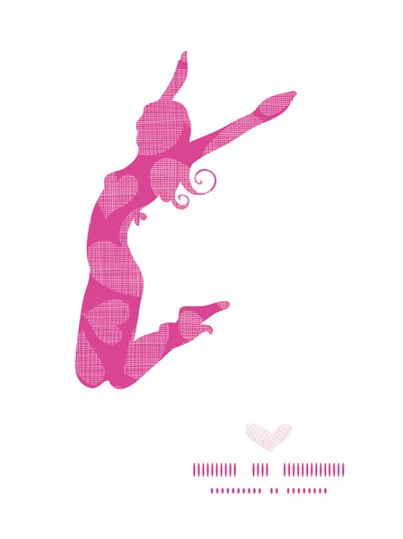 핑크 레이스 하트 섬유 질감 패턴 배경 점프 소녀 실루엣 프레임 — 스톡 벡터