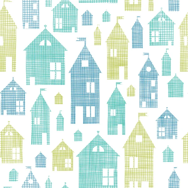 Casas azul textura textil verde sin costuras patrón de fondo — Vector de stock