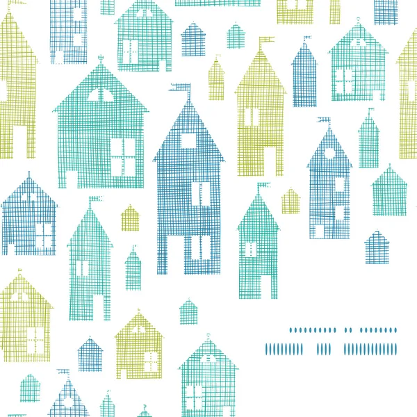 Houses blue green textile texture corner frame seamless pattern background — Stock Vector