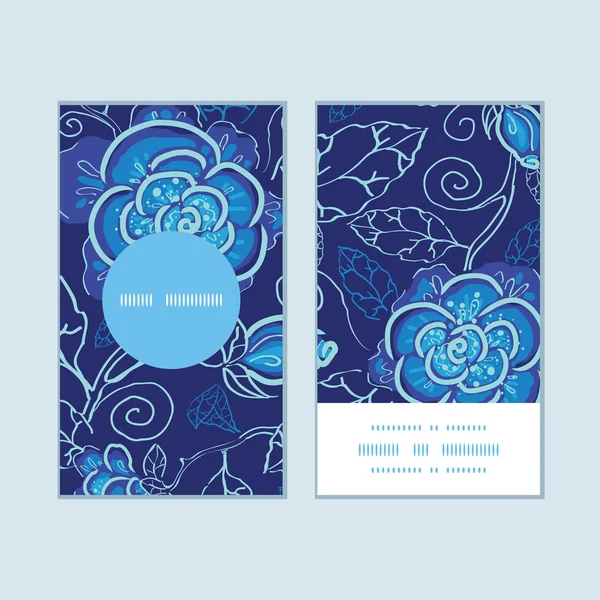 Vector azul noche flores vertical marco redondo patrón tarjetas de visita conjunto — Vector de stock