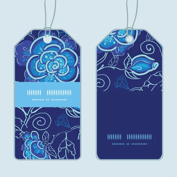 Vector blauwe nacht bloemen verticale streep frame patroon tags set — Stockvector