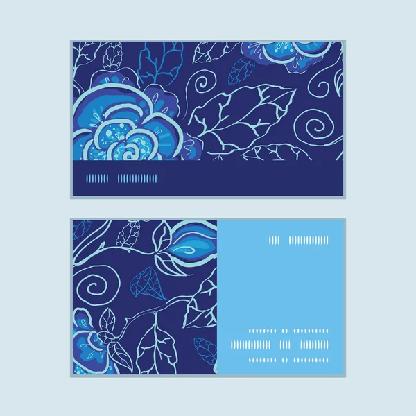 Vector azul noche flores franja horizontal marco patrón tarjetas de visita conjunto — Archivo Imágenes Vectoriales