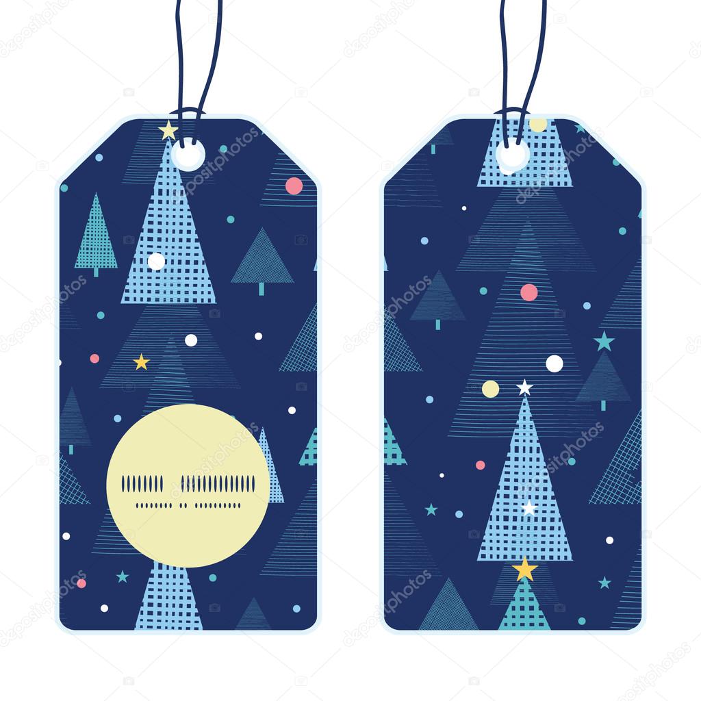 Vector abstract holiday christmas trees vertical round frame pattern tags set