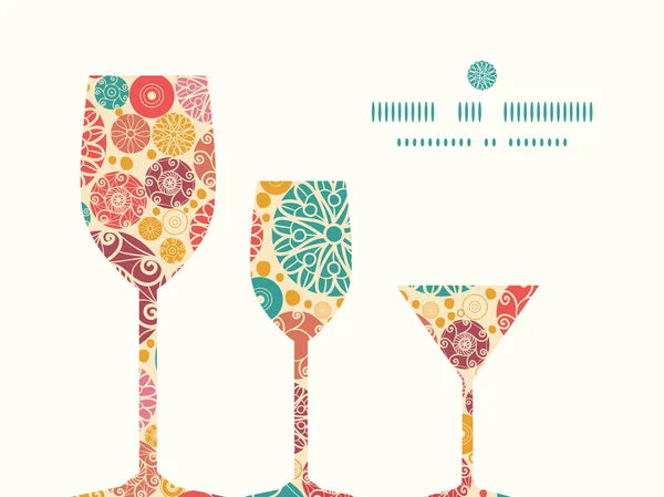 Vector círculos decorativos abstractos tres copas de vino siluetas patrón marco — Archivo Imágenes Vectoriales