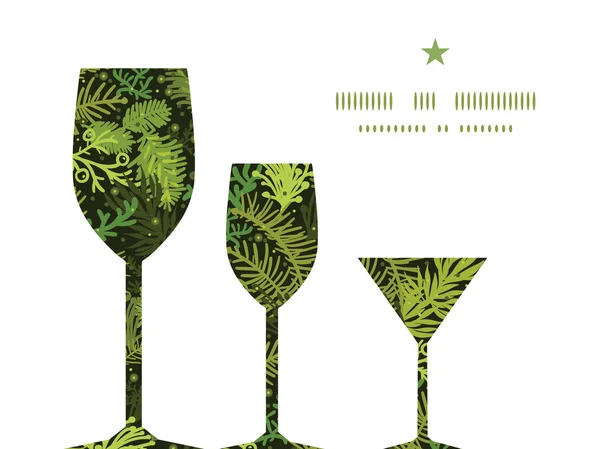 ベクトル常緑クリスマス ツリー 3 つのワイングラス シルエット柄フレーム — ストックベクタ