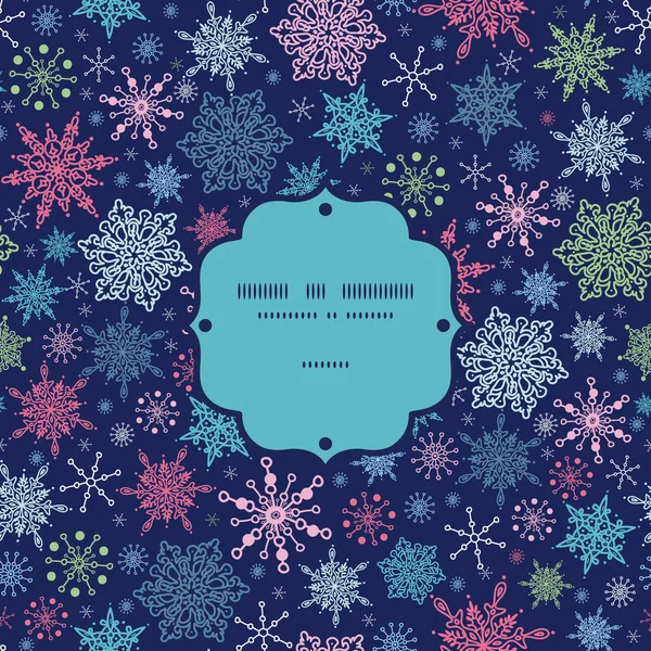 Vector copos de nieve en el cielo nocturno Navidad copo de nieve silueta patrón marco tarjeta plantilla — Vector de stock