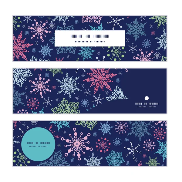 Vector copos de nieve en el cielo nocturno Navidad copo de nieve silueta patrón marco tarjeta plantilla — Vector de stock