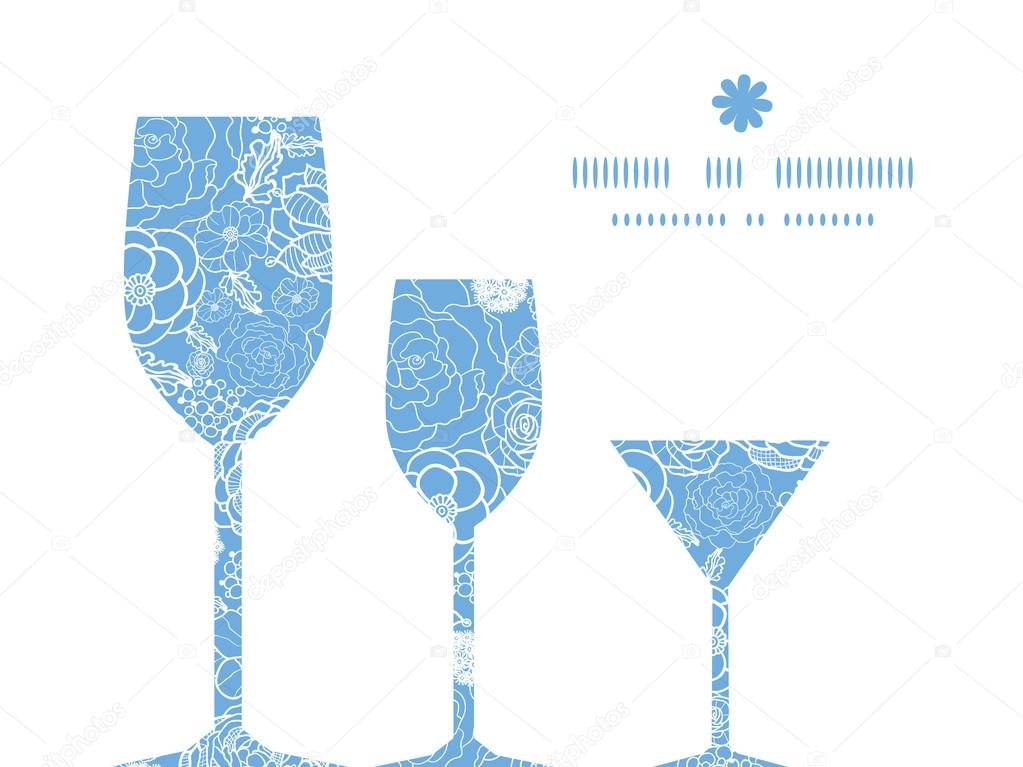 Vector purple lace flowers three wine glasses silhouettes pattern frame
