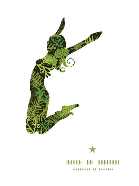 Vector evergreen christmas tree jumping girl silhouette pattern frame — Stock Vector