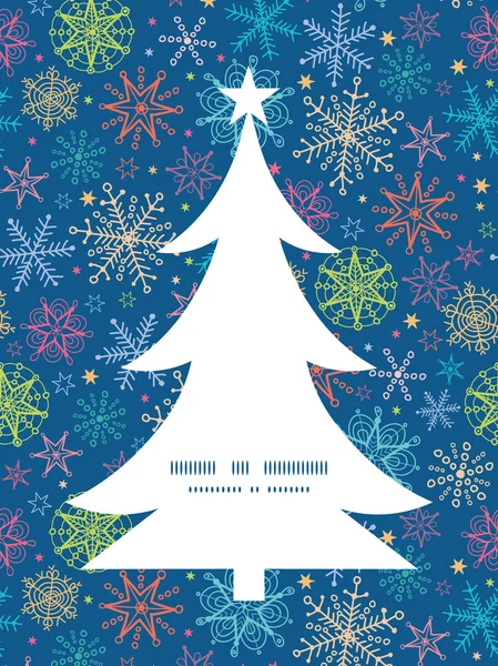 Vector kleurrijke doodle sneeuwvlokken kerstboom silhouet patroon frame kaartsjabloon — Stockvector