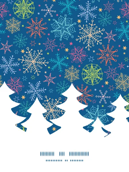 Vektor bunt Doodle Schneeflocken Weihnachtsbaum Silhouette Muster Rahmen Karte Vorlage — Stockvektor