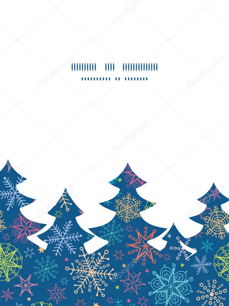 Vector colorful doodle snowflakes Christmas tree silhouette pattern frame card template