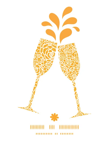 Vector golden lace roses toasting wine glasses silhouettes pattern frame — Stock Vector