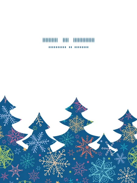 Vector colorido doodle copos de nieve árbol de Navidad silueta patrón marco tarjeta plantilla — Vector de stock