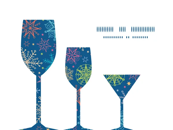 Vector colorful doodle snowflakes three wine glasses silhouettes pattern frame — Stock Vector