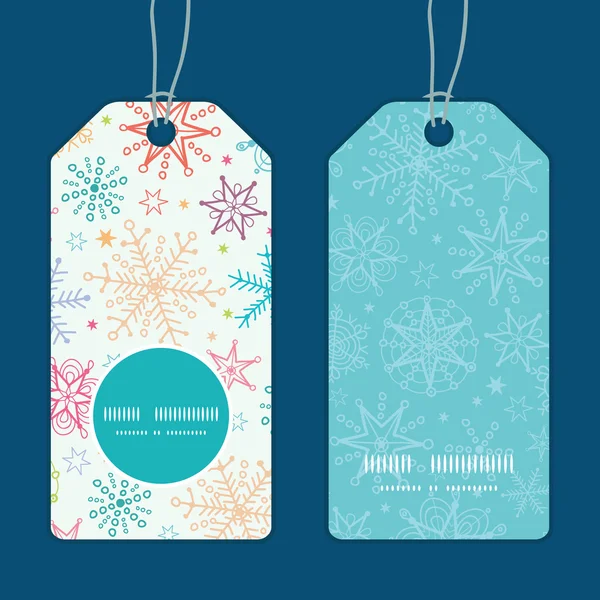 Vector colorful doodle snowflakes vertical round frame pattern tags set — Stock Vector