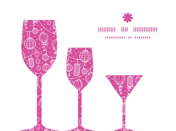 Vector vacaciones linternas línea arte tres copas de vino siluetas patrón marco — Archivo Imágenes Vectoriales