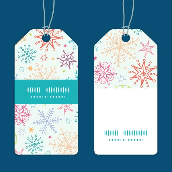 Vector colorful doodle snowflakes vertical stripe frame pattern tags set — Stock Vector