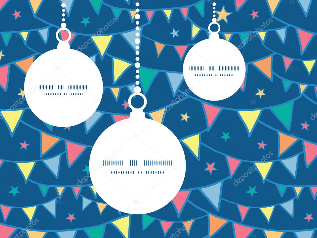 Vector colorful doodle bunting flags Christmas ornaments silhouettes pattern frame card template