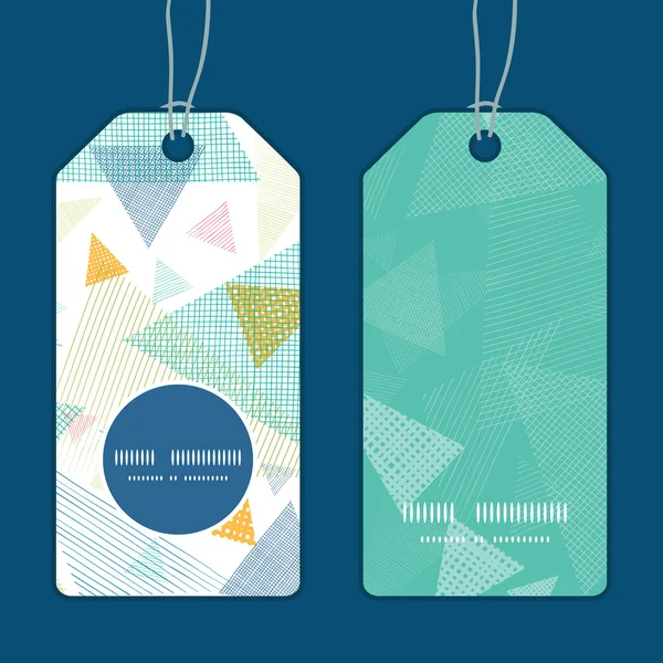 Vector abstract fabric triangles vertical round frame pattern tags set — Stock Vector