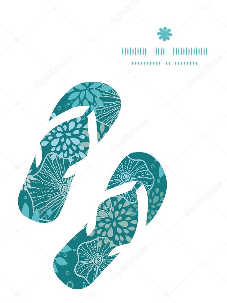 Vector blue and gray plants flip flops silhouettes pattern frame