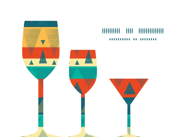 Vettoriale vibrante ikat strisce tre bicchieri di vino sagome telaio modello — Vettoriale Stock
