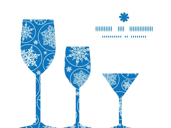 Vector falling snowflakes three wine glasses silhouettes pattern frame — Stock Vector