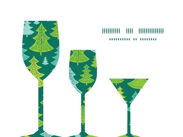 Vector holiday christmas trees three wine glasses silhouettes pattern frame — Stock Vector