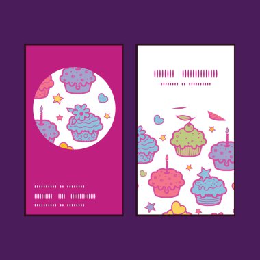 Vektör renkli cupcake parti dikey yuvarlak kare desen kartvizit ayarla