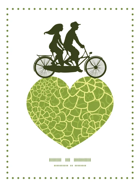 Vettore astratto verde naturale texture coppia su tandem bicicletta cuore silhouette telaio modello biglietto di auguri modello — Vettoriale Stock