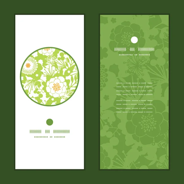 Vector green and golden garden silhouettes vertical round frame pattern invitation greeting cards set — Stock Vector