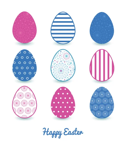 Vector Blue Abstract Line Art Circles Set of Nine Colorful Easter Eggs Card Template — Stock Vector