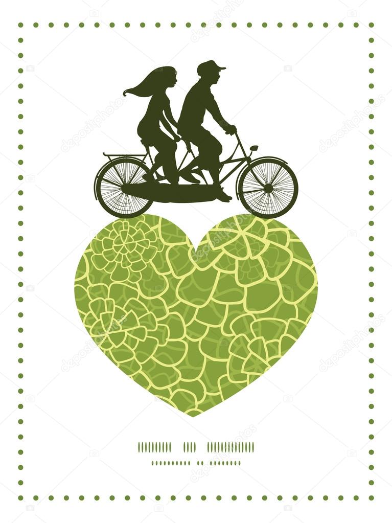 Vector abstract green natural texture couple on tandem bicycle heart silhouette frame pattern greeting card template