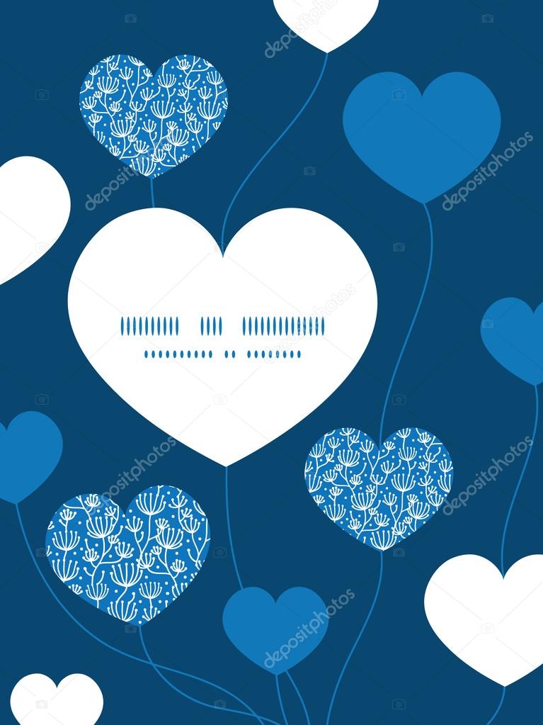 Vector blue white lineart plants heart symbol frame pattern invitation greeting card template
