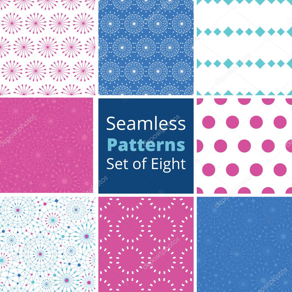Vector blue abstract line art circles set of eight matching colorful seamless patterns backgrounds