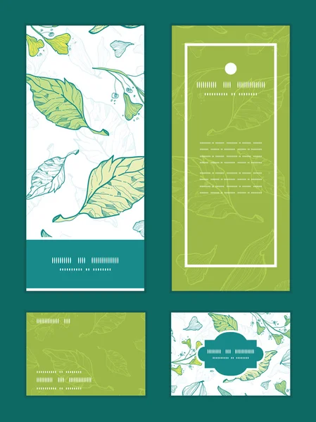 Vector lineart spring leaves vertical frame pattern invitation salutations, RSVP et jeu de cartes de remerciement — Image vectorielle