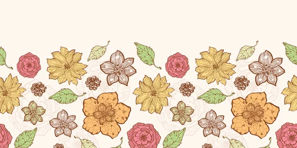 Vector warme herfst lineart bloemen horizontale rand naadloze patroon achtergrond — Stockvector