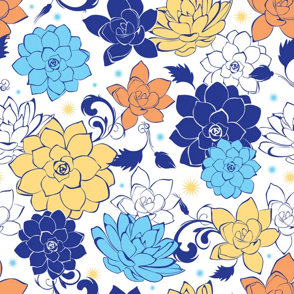 Vector flores de oro azul patrón sin costura — Vector de stock