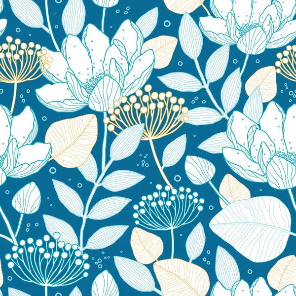 Vector blue gold floral seamless pattern — Stock Vector