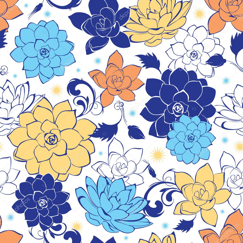 Vector blue gold flowers seamless pattern