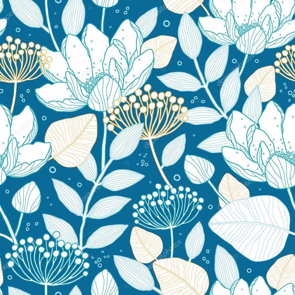 Vector blue gold floral seamless pattern