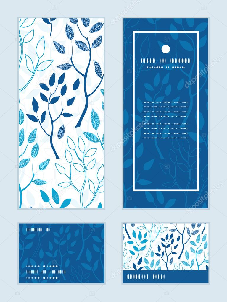 Vector blue forest vertical frame pattern invitation greeting, RSVP and thank you cards set