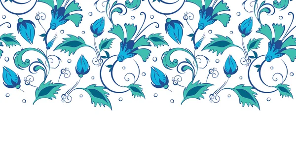 緑渦巻き模様の青い花水平方向の境界線のシームレスなパターンのベクトルの背景 — ストックベクタ