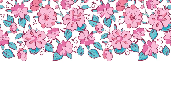 Vecteur rose bleu kimono fleurs bordure horizontale sans couture motif fond — Image vectorielle