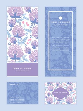Yumuşak mor çiçekler dikey çerçeve desen davetiye tebrik, Rsvp ve teşekkür ederim kartlar set vektör