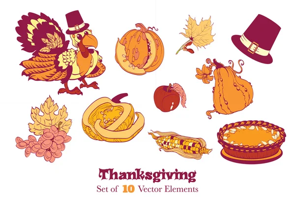 Ten Thanksgiving Design Elements. Uvas de pastel de calabaza de pavo. Abundante abundancia de cornucopia — Vector de stock