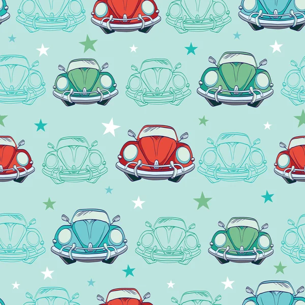 Vector Colorful Vintage Cars Seamless Pattern. Funny Headlights. Auto Repair — Stock Vector