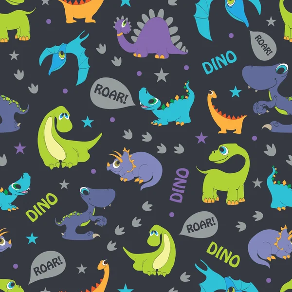 Vector Dinosaurs Roaring Seamless Pattern. Pterodáctilo más lindo, Triceratops divertido, Stegosaurus — Archivo Imágenes Vectoriales